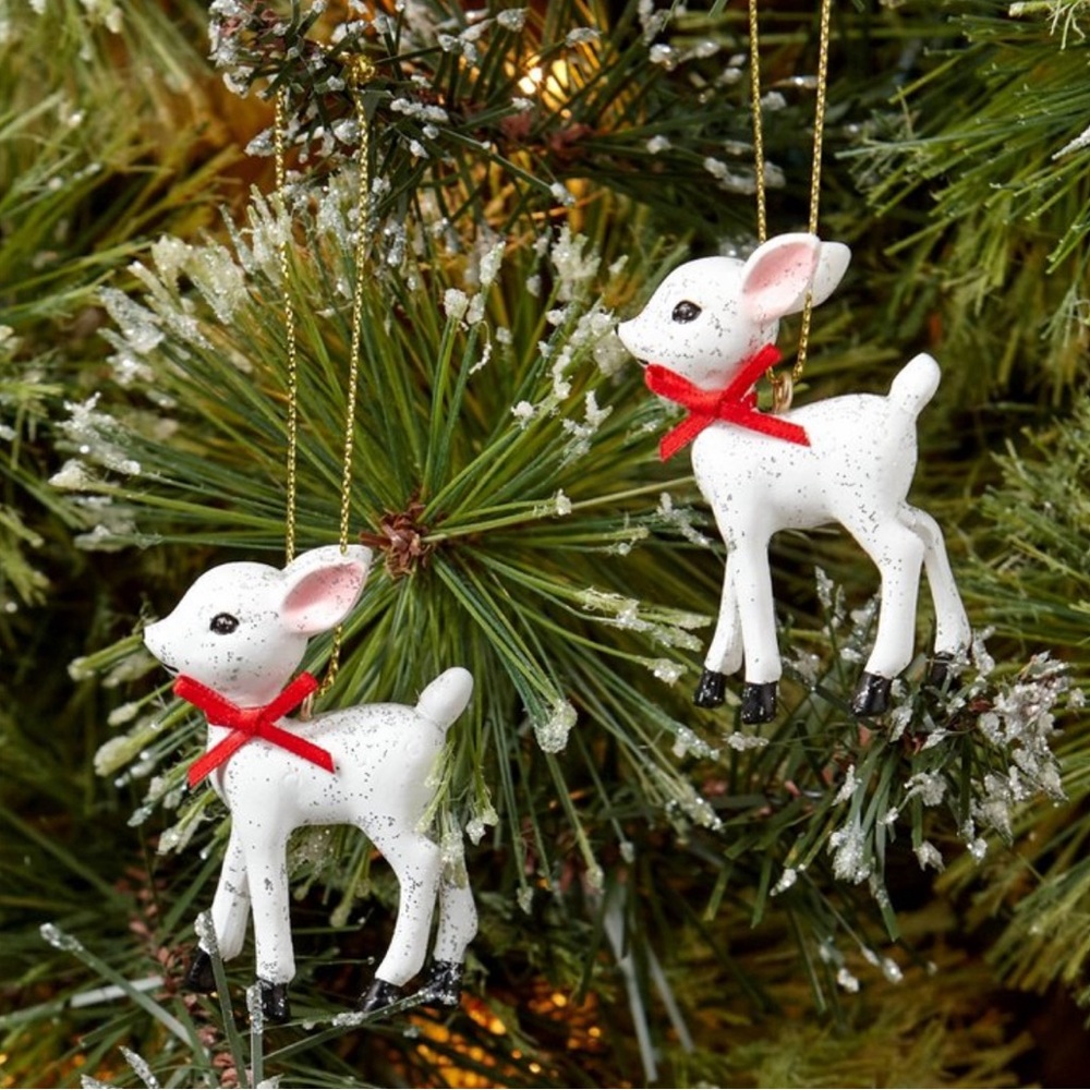 Retro Small Deer Christmas Tree Ornament Set White - Set of 2
